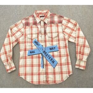 RAW 7 Shirt Mens Large Red White Button Up Plaid Hand Embroidery Western